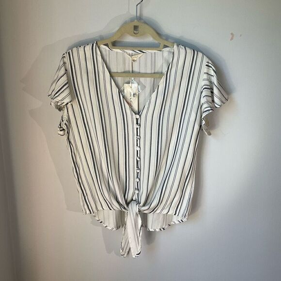 Sim and Sam NWT Tie Waist Flutter Sleeve Button Up, Large. Ivory, Navy coastal - Picture 8 of 16
